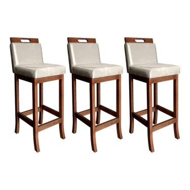Imagem de Kit 3 Banquetas Estofadas com Encosto Média Milão 94 Cm Madeira Maciça Suede Bege CCS