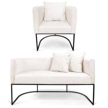 Imagem de Kit 01 Namoradeira 02 Lugares E 01 Poltrona Paola Linho Base Metálica Preto Cor A27 Areia