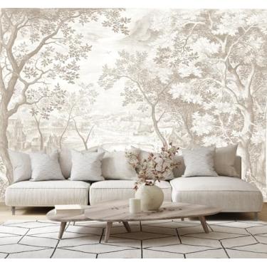 Imagem de LOOWAP Papel de parede mural autoadesivo vintage bege floresta floresta para quarto sala de estar
