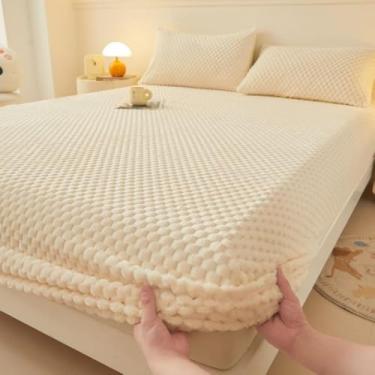 Imagem de Protetor de colchão de veludo de pelúcia para o inverno, quente, lençol com elástico profundo, ultramacio, macio, respirável, adequado para a pele, lençol de cama bege | 180 x 200 cm