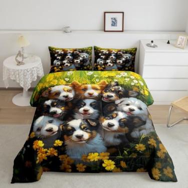 Imagem de Feelyou Conjunto de edredom fofo para crianças, cachorrinho, floral, para meninos, meninas, adolescentes, dachshund, respirável, com desenho kawaii, conjunto de edredom