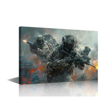 Imagem de Arte de parede Modern Warfare Detonation Charge Impressão em tela emoldurada representando unidade armada invadindo o campo de batalha ardente com detritos incendiários e dinâmica de equipe tática 61