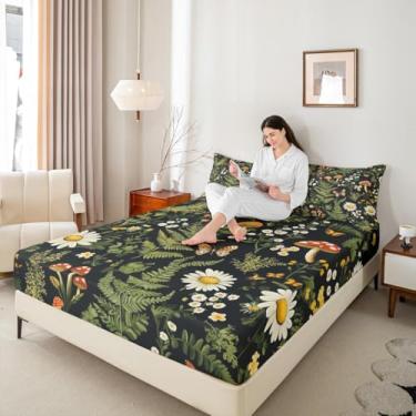 Imagem de Jogo de cama casal de folhas selvagens, plantas de cogumelo selvagem, 3 peças, para crianças, mulheres, adolescentes, margaridas exóticas, borboleta exótica (sem lençol superior), lençol com elástico