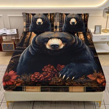 Imagem de AILONEN Jogo de lençol solteiro de urso preto, tamanho GG, caça floresta, vida selvagem, rústico, com 2 fronhas, 3 peças