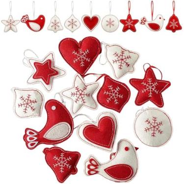 Imagem de Pacote com 12 enfeites de feltro de Natal para árvore 3D floco de neve cardeal sino decoração de pendurar vermelho branco feltro artesanato para lembrancinhas de festa de Natal presentes (vermelho)