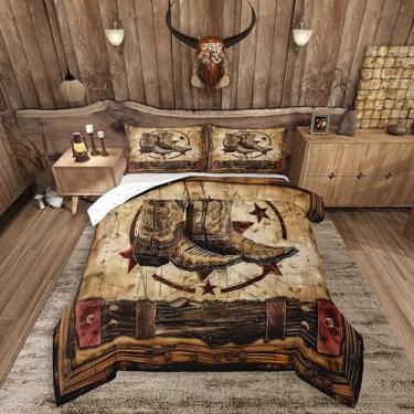 Imagem de Feelyou Conjunto de edredom asteca ocidental marrom, tamanho casal, cowboy, edredom para crianças, adolescentes, adultos, tribal, oeste do oeste do Texas, rústico, conjunto de cama com 2 fronhas, 3