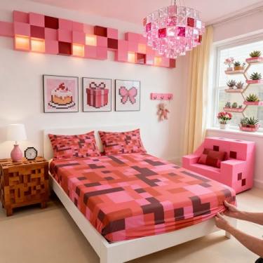 Imagem de Pixelated Jogo de Miners infantil solteiro, lençol com elástico camuflado geométrico, xadrez geométrico, decoração de quarto de videogame, gamepad reversível, jogo de cama vermelho e marrom, 1 fronha