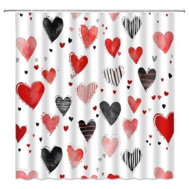 Imagem de FILMILIL Cortina de chuveiro Happy Valentine's vermelha preta amor coração doce casal romântico amante casamento coração feminino moderno conjunto de cortinas de banheiro ganchos de tecido de