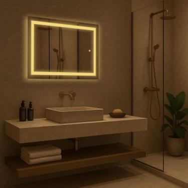 Imagem de Espelho Retangular Com LED Jateado Decorativo para Sala, Banheiro, Qua