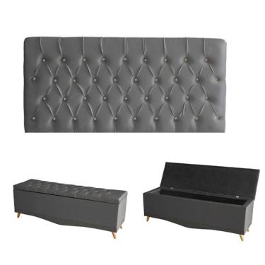 Imagem de Kit Estrela Cabeceira De Cama Painel E Calçadeira Baú Botão Cristal Casal 140 Cm Suede Grafite Do Lar Móveis E Decoraçã