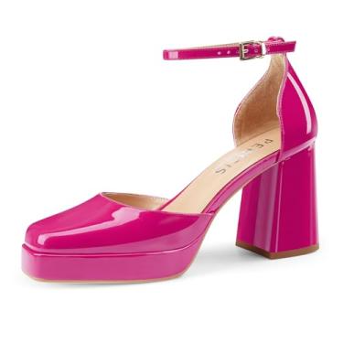 Imagem de Perisis Salto plataforma preto salto alto grosso couro envernizado salto quadrado fechado salto bloco com tira no tornozelo para mulheres senhoras sexy, Patente rosa choque, 38