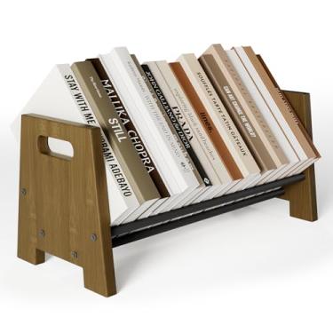 Imagem de First-zgel Suporte de disco de vinil, suporte de armazenamento de madeira de 80 a 100 LPs, organizador inclinável para livros, CDs/revistas, marrom rústico