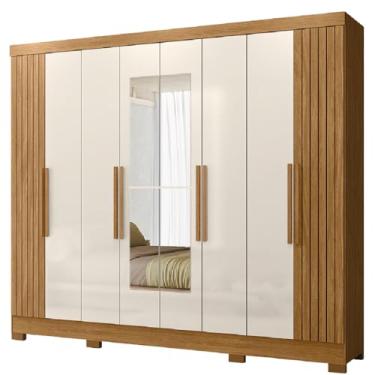 Imagem de Guarda Roupas Casal Com Espelho Ripado 8 Portas 4 Gavetas Madeirado/Off White Diamante