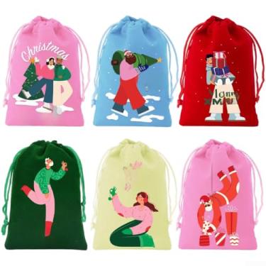 Imagem de Pacote com 6 sacos de presente com cordão de Natal e tecido de flanela com padrões festivos para lembrancinhas de festas de fim de ano, pequenos presentes, armazenamento de doces, decoração sazonal