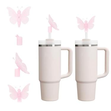 Imagem de Capa de palha de silicone borboleta 3D fofa rosa para Stanley Copo de 30 e 1,134 g com alça, tampas de canudo reutilizáveis à prova de poeira de 10 mm