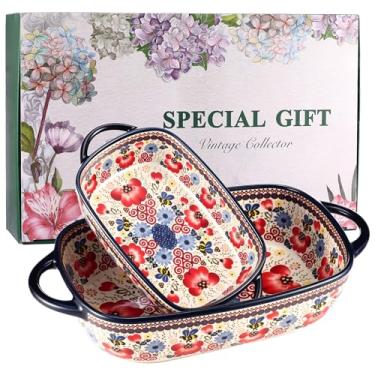 Imagem de Conjunto de 2 assadeiras de cerâmica – Caçarola decorativa estilo cerâmica polonesa com alças, lindo conjunto de utensílios de assadeira de lasanha seguro para forno (rubi papoula)