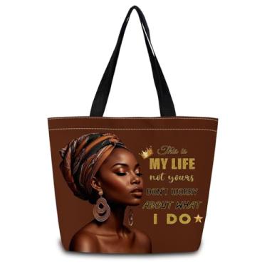 Imagem de ZhuVantrix Sacola afro-americana reutilizável bolsa de compras estética bolsa de ombro com bolso interno com zíper elegante presente My Life para mulheres
