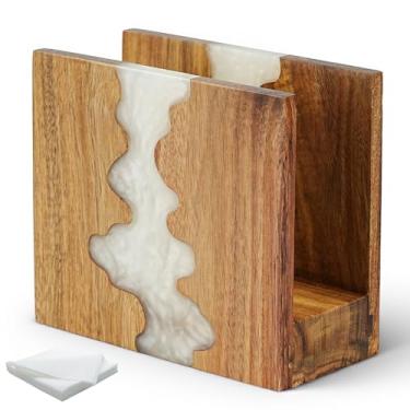 Imagem de Porta-guardanapos de madeira de acácia, suporte de caixa de lenços de resina epóxi feito à mão com design de onda exclusivo e base resistente de 3 cm, acabamento branco pérola para mesa de cozinha