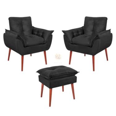 Imagem de Kit 2 Poltronas Decorativas Opala + Puff Opala Vit Decor – Fibra Siliconada, Suede Premium, Pés Palito, Sala, Quarto, Recepção Bege (Preto)