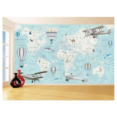 Imagem de Papel De Parede 3D Mapa Mundi Kids Avião Balão 3,5M Nmu89 - Você Decor