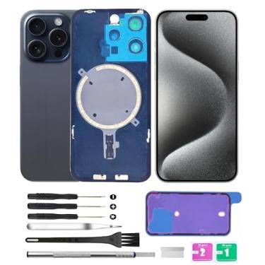 Imagem de Yuntunele Tampa traseira de vidro (inclui vidro de lente, suporte, ímã) Substituição compatível com iPhone 15 Pro Todas as operadoras com conjunto de ferramentas profissionais (azul)