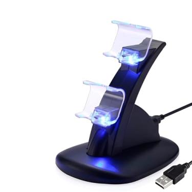 Imagem de Base Carregadora Dupla para PS4, Suporte de Carregamento LED com USB, Plástico Preto, 16x11,3x15,3cm, 2 Controles Simultâneos