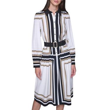 Imagem de Karl Lagerfeld Vestido midi feminino de crepe sedoso estampado com colarinho, Cáqui branco macio multi, 46