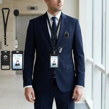 Imagem de Conjunto de 2 porta-crachás de identificação comercial preto - carretel retrátil com cordão breakaway e estojo rígido para cartão, chaveiro destacável para profissionais, enfermeiros, professores e
