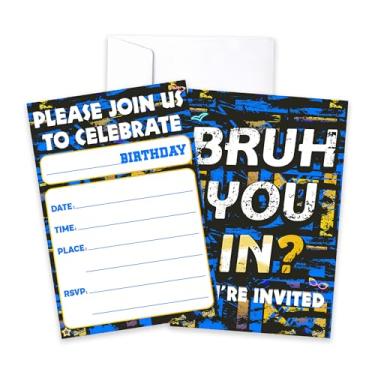 Imagem de CLIRBE Convites de festa de aniversário Bruh, Convites de aniversário de neon brilhante para irmão irmão meninos adolescentes, 20 cartões de convites com 20 envelopes, lembrancinhas de artigos de