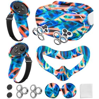 Imagem de Conjunto de capa de silicone para acessórios Meta Quest 3S, capa protetora de realidade virtual, alças de controle, capa frontal para fone de ouvido e capa protetora de lente para acessórios