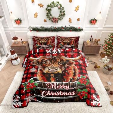 Imagem de Erosebridal Jogo de cama solteiro de vaca Highland de Natal, animais de fazenda, xadrez, búfalo, rústico, para crianças, meninos, meninas, floco de neve, lençol de neve e folhas de Natal
