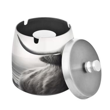 Imagem de Blueangle Cinzeiro engraçado de vaca escocesa Highland com tampa para cigarros, à prova de vento/chuva, aço inoxidável, sem fumaça, inodoro, cinzeiro para uso interno ou externo (185)