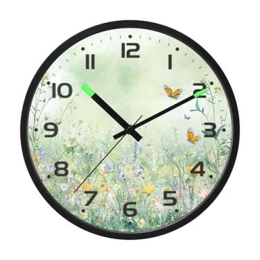 Imagem de SEHANY Relógio de parede com flores de ervas verdes, silencioso, sem tique-taque, relógio redondo operado por bateria, controle de som, luz noturna, relógios de parede para sala de estar, cozinha