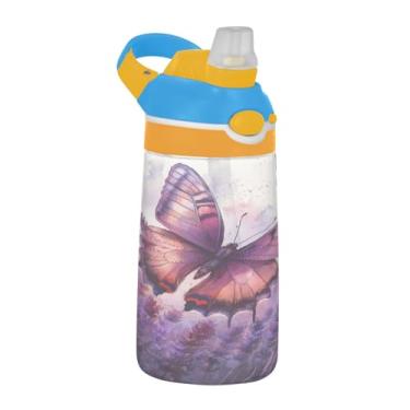 Imagem de Blueangle Garrafa de água de campo de lavanda com borboletas de 473 ml, garrafa de viagem e esportes Tritan reutilizável com canudo e design de tampa de bico pop-up (104)