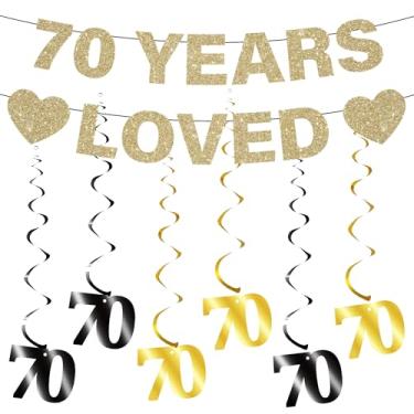 Imagem de Faixa masculina de decoração de aniversário de 70 anos - 15 peças de ouro preto pré-amarrado I'm 10 In Dog Years Banner flâmula pendurada redemoinhos papel pompons para festa de 70 anos suprimentos de