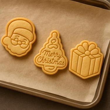 Imagem de Cortador Marcador De Biscoito Cookie Biscuit Natalino Premium 2 em 1 - Kit 3 Unidades Papai Noel Presente Árvore de Natal
