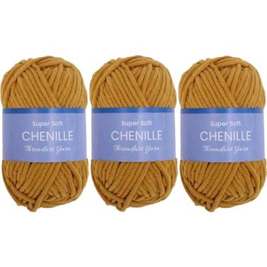 Imagem de Pacote com 3 fios de chenille Threadart para crochê, tricô, amigurumi, fio de veludo de pelúcia super macio - 50 gramas 60 metros #5 novelos fofos - Mostarda 13