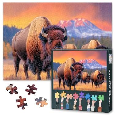 Imagem de Quebra-cabeça de 1000 peças para adultos rebanho de búfalos ao pôr do sol, paisagem de montanha, animais selvagens, cenas de natureza, arte, quebra-cabeça grande para noite de jogos em família, 70 x