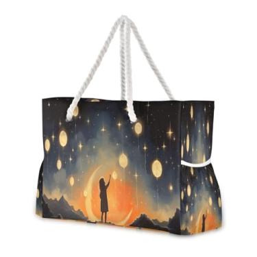 Imagem de Wassud Bolsa de praia com céu estrelado (2) bolsas de praia grandes para mulheres, impermeável, à prova de areia, bolsa de viagem com zíper e bolso para piscina, academia, acampamento