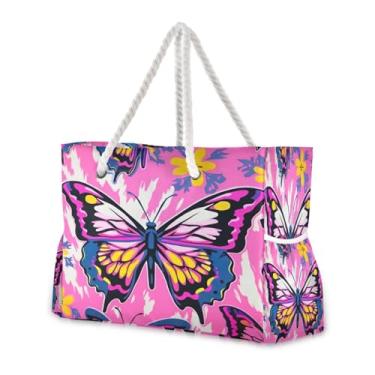 Imagem de Wassud Bolsa de praia colorida borboleta grande bolsa de praia para mulheres, impermeável, à prova de areia, bolsa de viagem com zíper e bolso para piscina academia acampamento