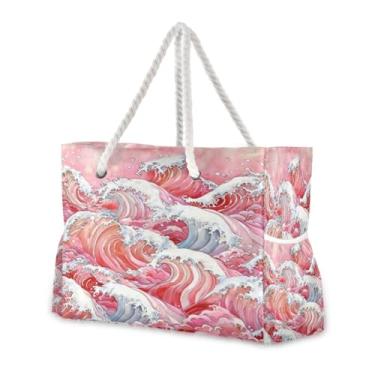 Imagem de Wassud Bolsa de praia feminina grande onda vermelha à prova d'água à prova de areia bolsa de viagem com zíper e bolso piscina academia acampamento bolsa