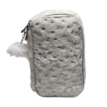 Imagem de Estojo Box Escolar Pelúcia Branco Estrelas Douradas Fofo Grande Material Lápis Caneta Aula Pompom