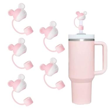Imagem de SEEZIZI 5 peças de tampas de palha de urso compatíveis com copos Stanley de 30 e 1,134 g, protetores de palha de silicone fofos reutilizáveis para canudos StanleyCups de 10 mm Acessórios - rosa e