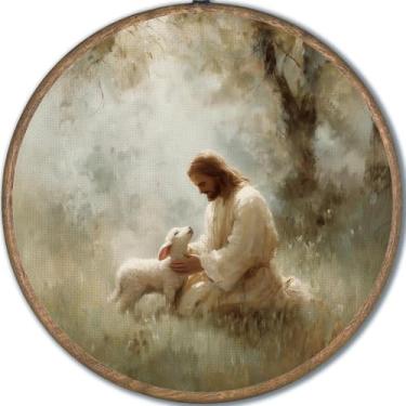 Imagem de Decoração de arte de parede de Jesus - O Bom Pastor Cristão Obra de Pendurar Redonda, Impressões em Tela de Fé Religiosa para Sala de Estar Quarto Sala de Oração, Decoração de Parede Redonda de 25 cm