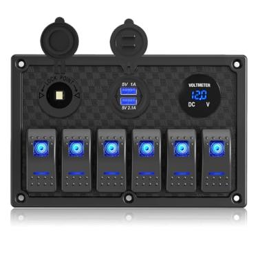 Imagem de GGTA Painel de interruptor basculante 6 Gang ON Off com retroiluminação verde 12 V24 V LED voltímetro digital carregador USB duplo painel de interruptor de isqueiro para carros automotivos, barcos