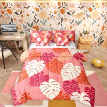 Imagem de Erosebridal Jogo de cama solteiro com folhas tropicais e folhas tropicais Monstera, lençol de solteiro, para crianças, adolescentes, adultos, quarto, flores, verão, 7 peças