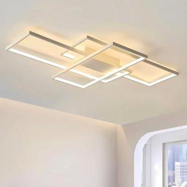 Imagem de Luminária de teto LED branca moderna, 90 cm, luz branca quente 3000K, lustre LED retangular de 3 anéis em alumínio e acrílico para sala de estar, quarto, sala de jantar e cozinha.