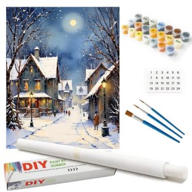Imagem de Kit de pintura por números Winter Village para adultos – Cena de rua com neve faça você mesmo com lanternas e casas em tela enrolada 40,6 x 50,8 cm, conjunto de tinta acrílica para iniciantes, arte de