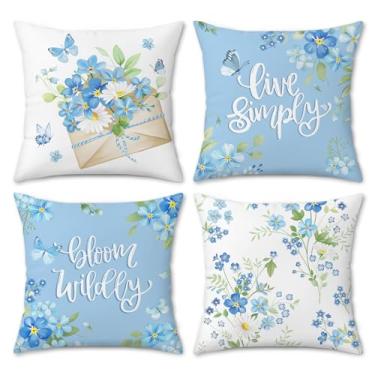Imagem de COZZSNUGE Capas de almofada floral de primavera, margarida azul, borboleta, florescer selvagem, veludo, fronhas decorativas para jardim, sofá-cama, casa, pátio, conjunto de 4, 45 x 45 cm