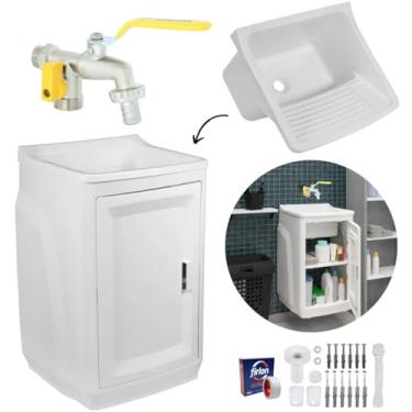 Imagem de Gabinete Para Lavanderia Com Tanque Branco 01 Porta + Torneira Com Duas Saídas Metal + Fita Veda Rosca
